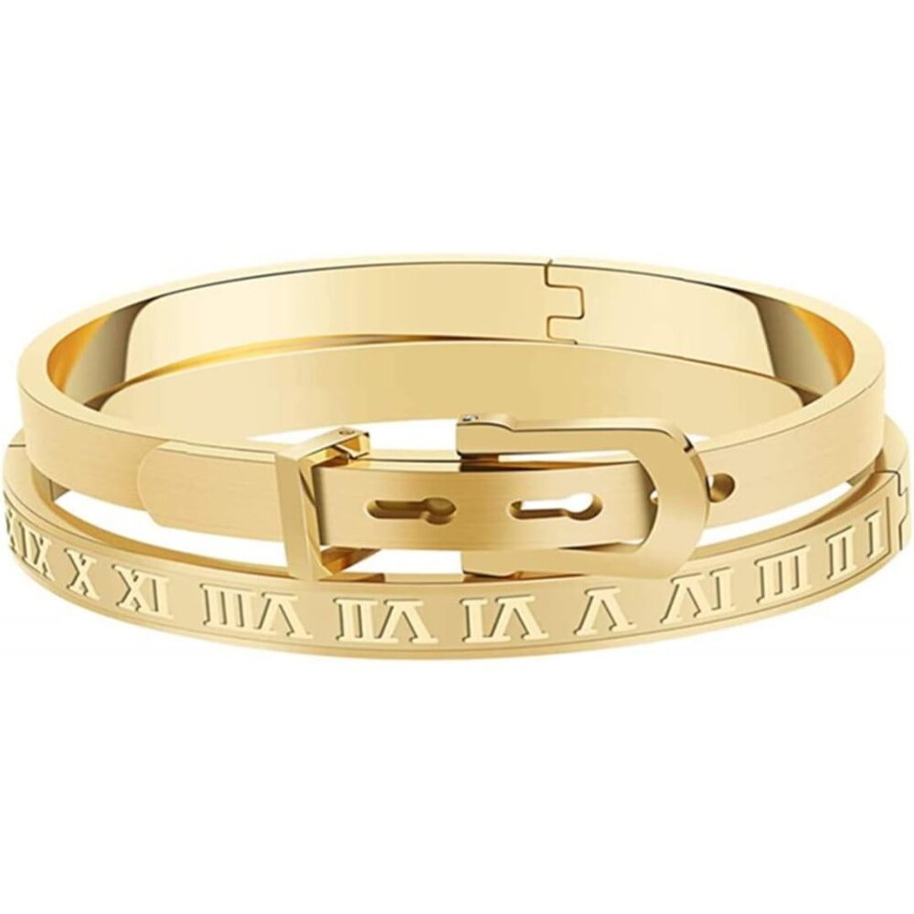 Women Gold Plated Roman Numeral Stainless Steel Bangle Bracelet Engraved Gift